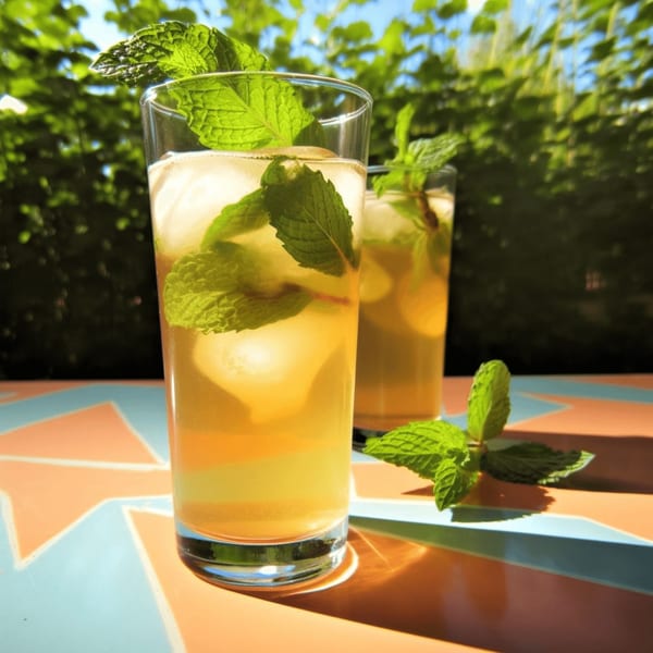 Two tall glasses of iced tea with fresh mint on a colorful outdoor table.