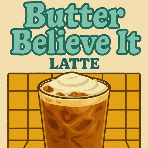 Cartoon iced latte with whipped cream, text "Butter Believe It Latte" above, against a tiled background.