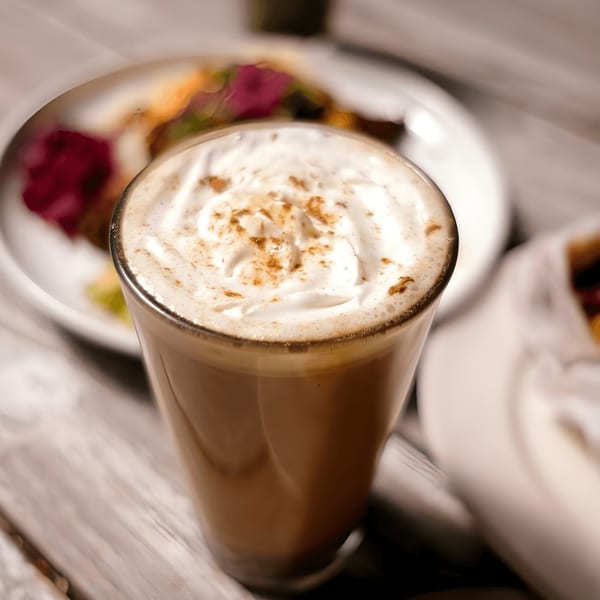 A Cafe Da Fonk latte with whipped cream and cinnamon, with a blurred dish in the background.